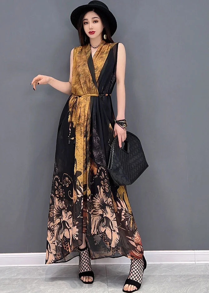 Women Colorblock V Neck Tie Waist Draping Chiffon Holiday Dress Sleeveless