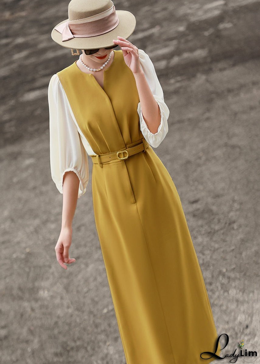 Classy Yellow O Neck Tie Waist Cotton Dress Bracelet Sleeve