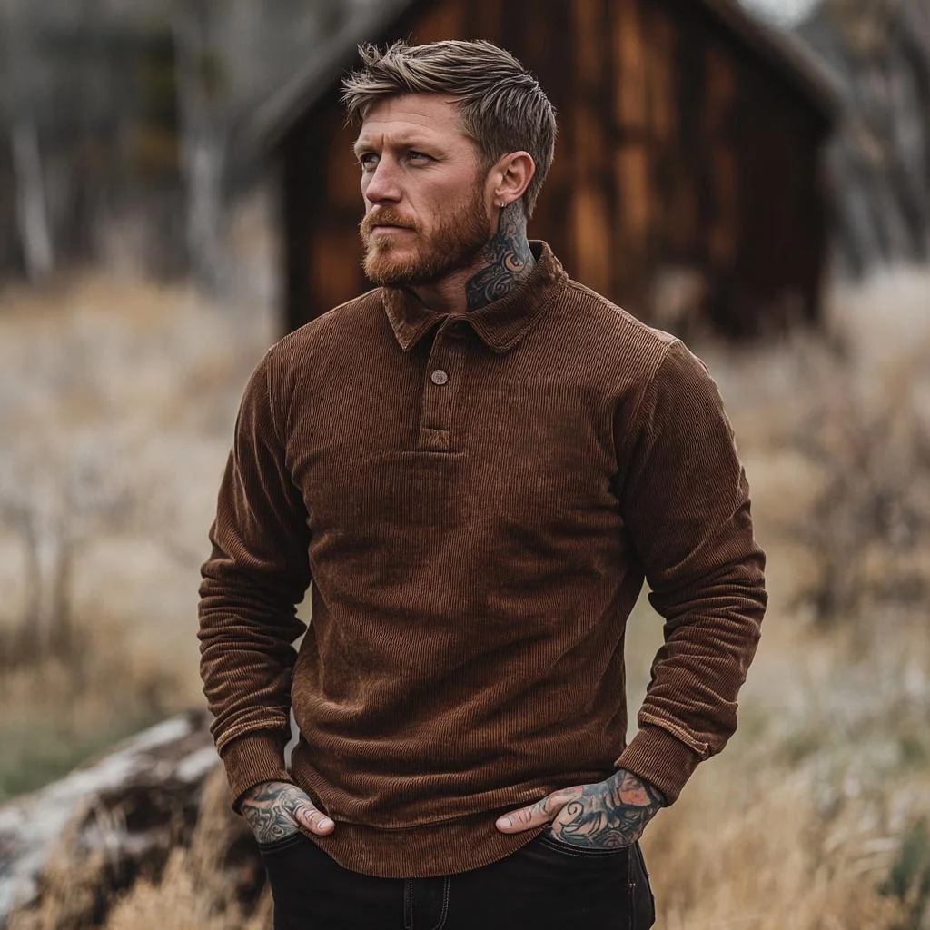 Men's Vintage Corduroy Polo Collar Long Sleeve Sweatshirt