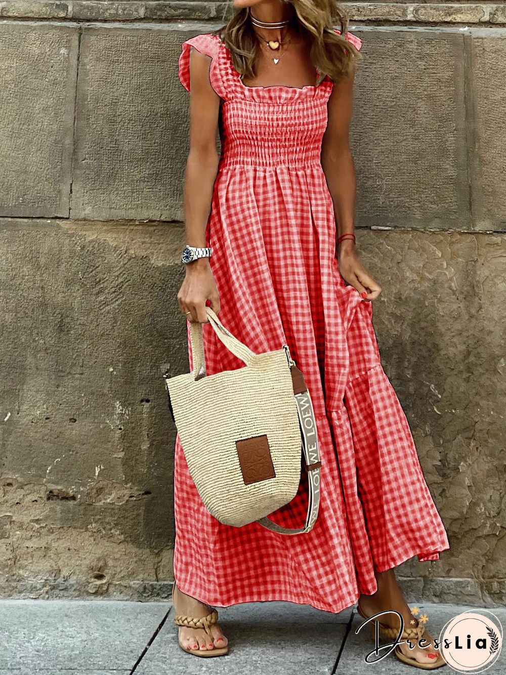 Women'S Dresses Square Neck Plaid Print Ruffle Sleeve Dress