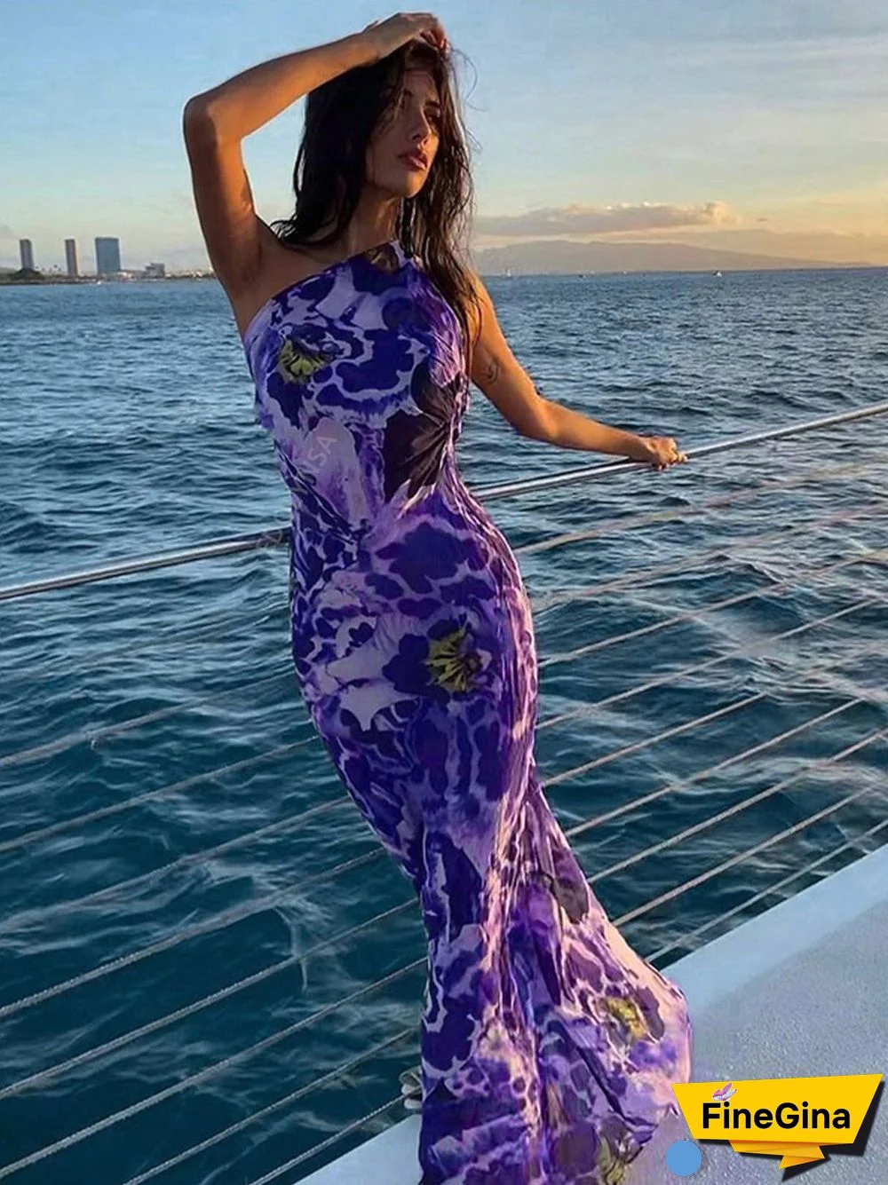 Blue Boho Asymmetrical Sundress Sexy One Shoulder Straped Bodycon Maxi Dress Women Summer Clothes Party Slip Dresses A1251