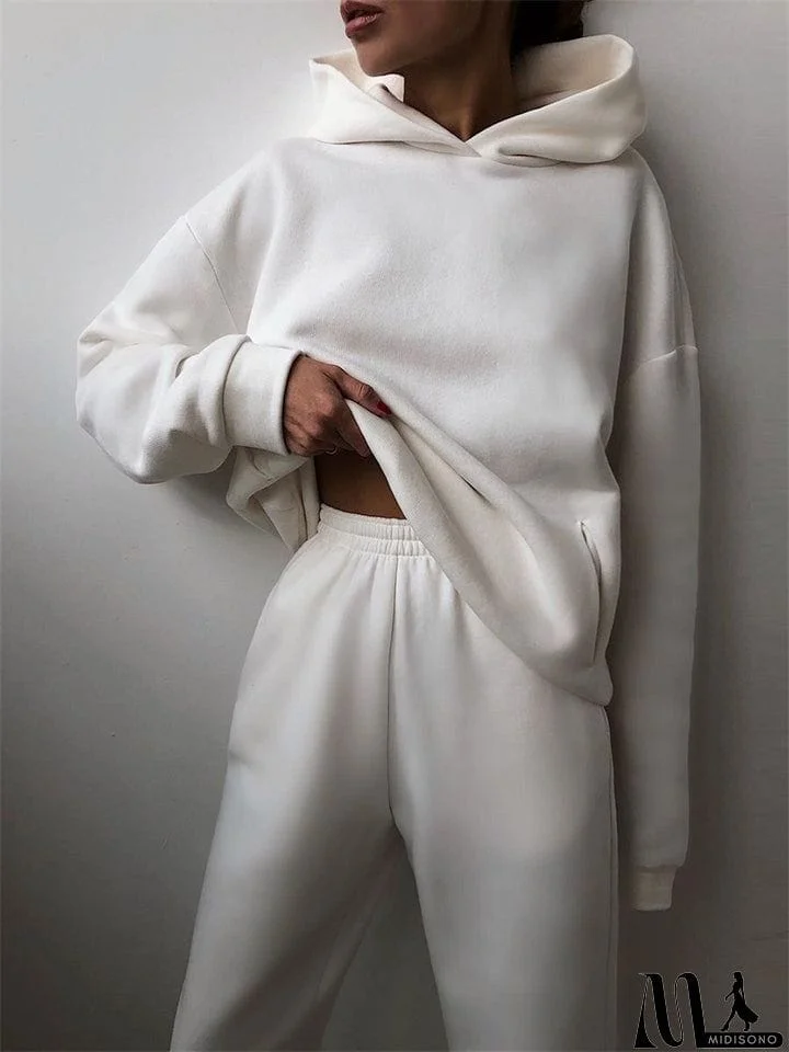 2-Piece Pullover Style Solid Color Hooded Sweatshirts Elastic Waist Sweatpants