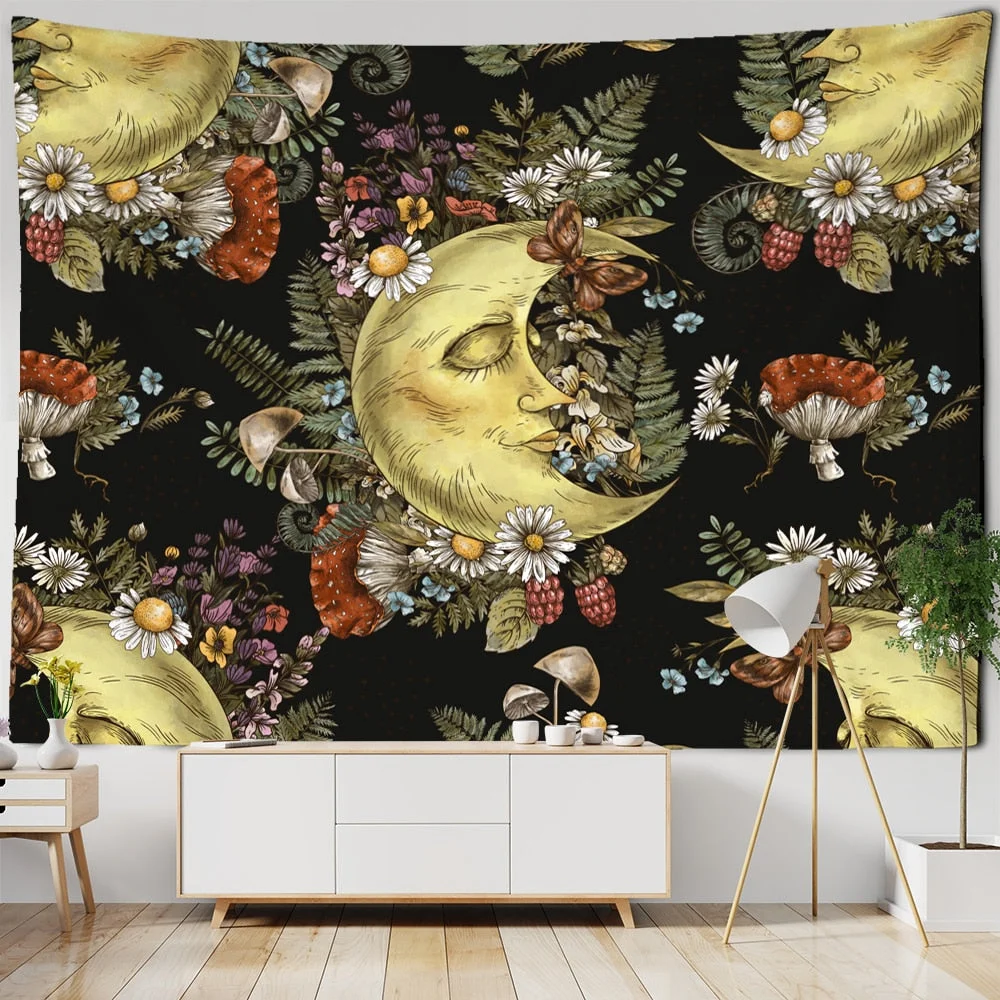 Vintage Sun Tapestry Wall Hanging Botanical Celestial Floral Hippie Flower Wall Starry Dormitory Decor