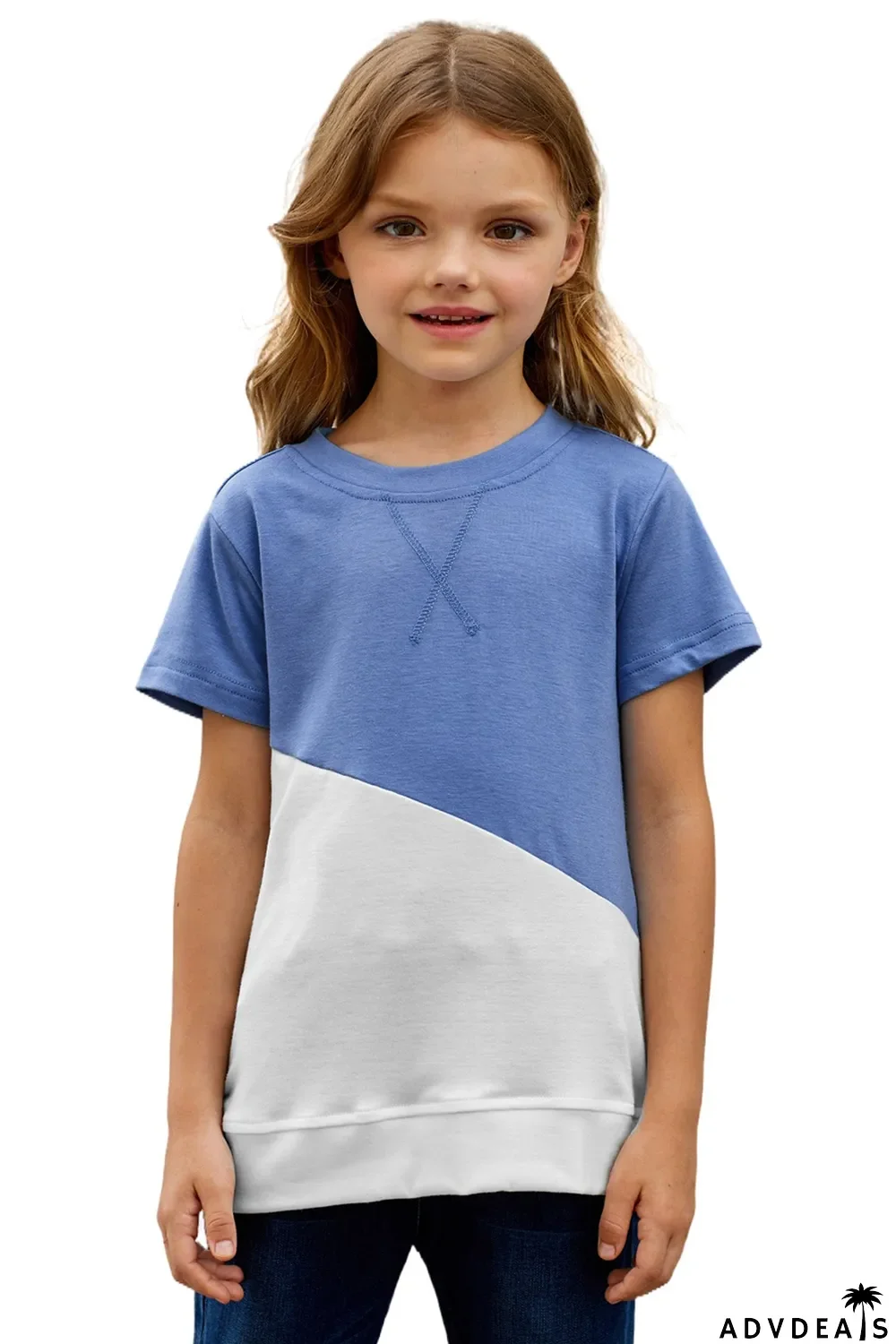 Sky Blue Colorblock Splicing Little Girl Tee