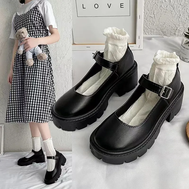 Breakj Breakj Spring And Summer Jk Uniform Shoes To Increase The Thick Bottom Of The Student Mary Jane High Heel Single Shoes British Dress Retro Style
