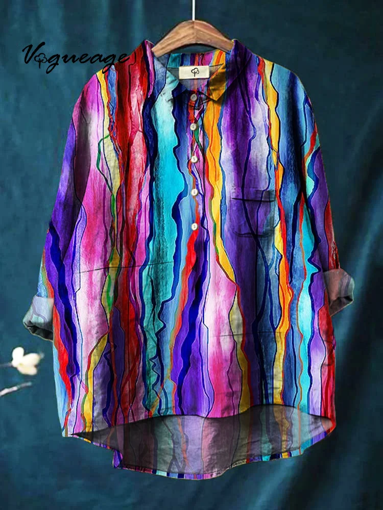 Dark Wavy Stripes Ribbon Printed Cotton And Linen Shirt