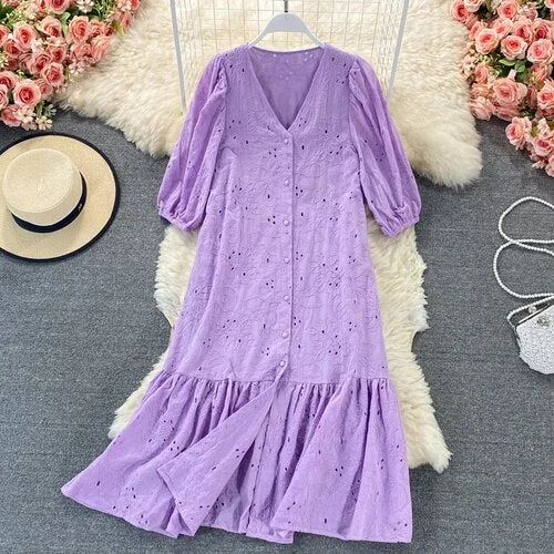 FTLZZ New Summer A Line V Neck Hollow Out Single Breasted Women Mid-Calf Dresses Casual Solid Short Lady Dress