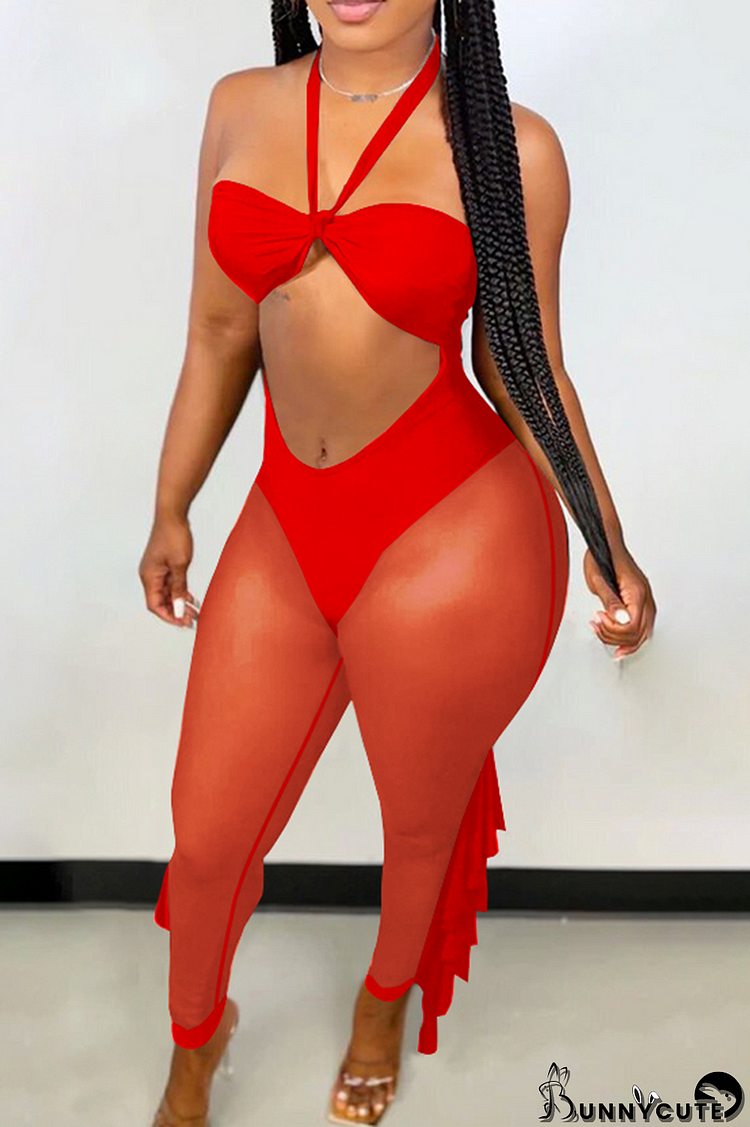 Red Sexy Solid Flounce Mesh Halter Skinny Jumpsuits