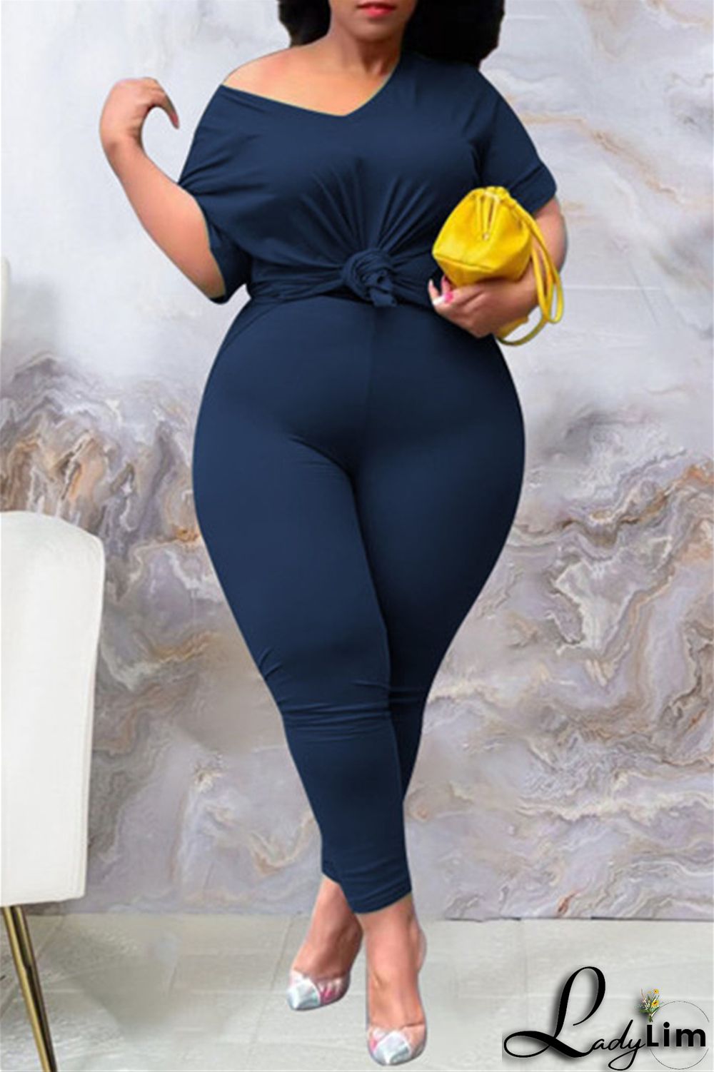 Tibetan Blue Fashion Casual Solid Slit V Neck Plus Size Two Pieces