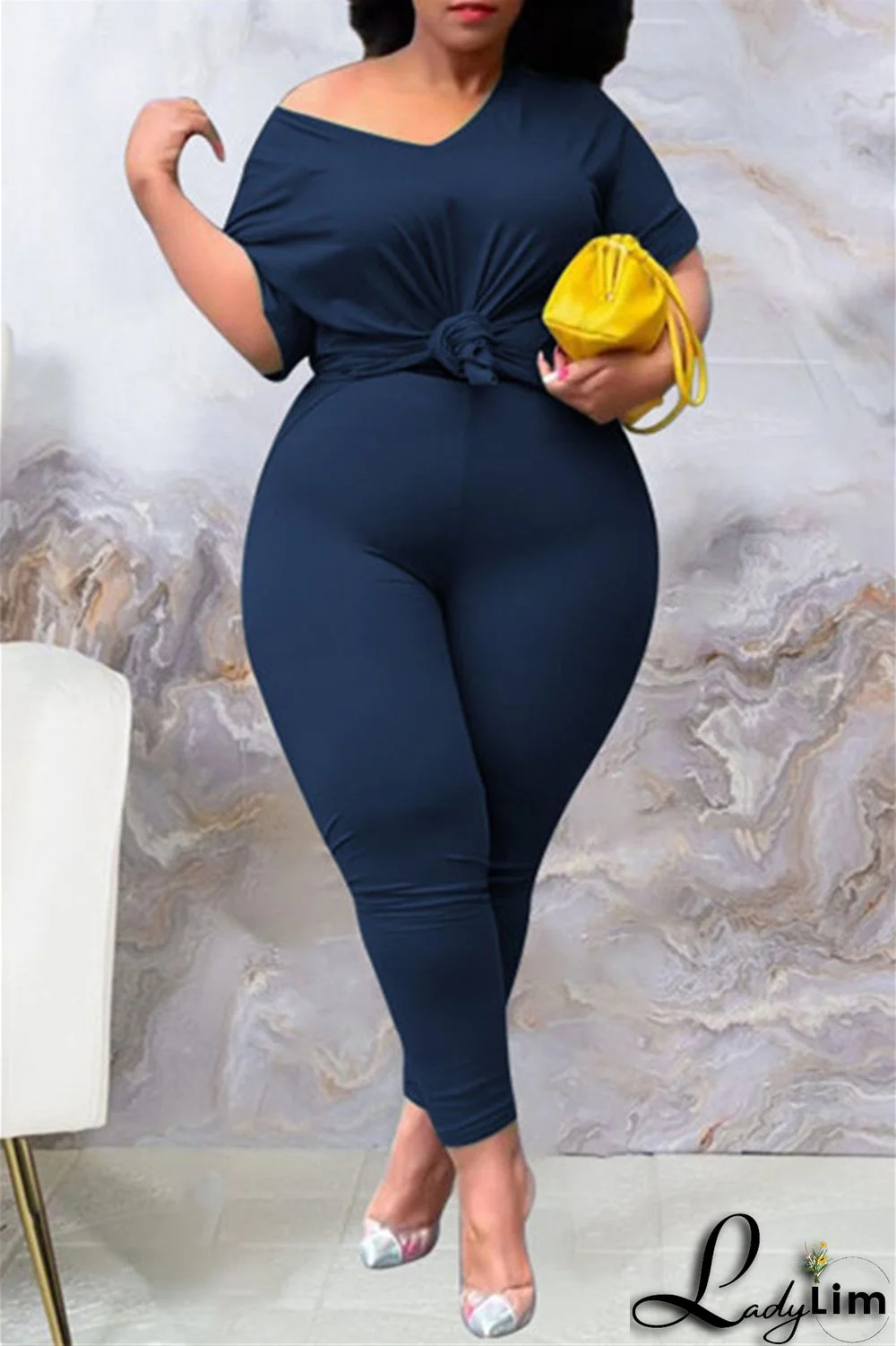 Tibetan Blue Fashion Casual Solid Slit V Neck Plus Size Two Pieces