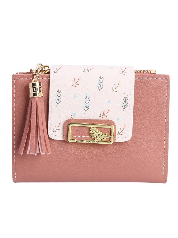 Tassels Women Short Wallet PU Leather Clutch Card Bag Female Purse (Pink)