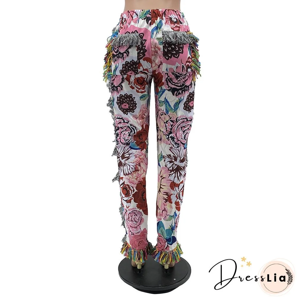 Side Tassels Patchwork Elastic Waist Women Print Jogger Pant