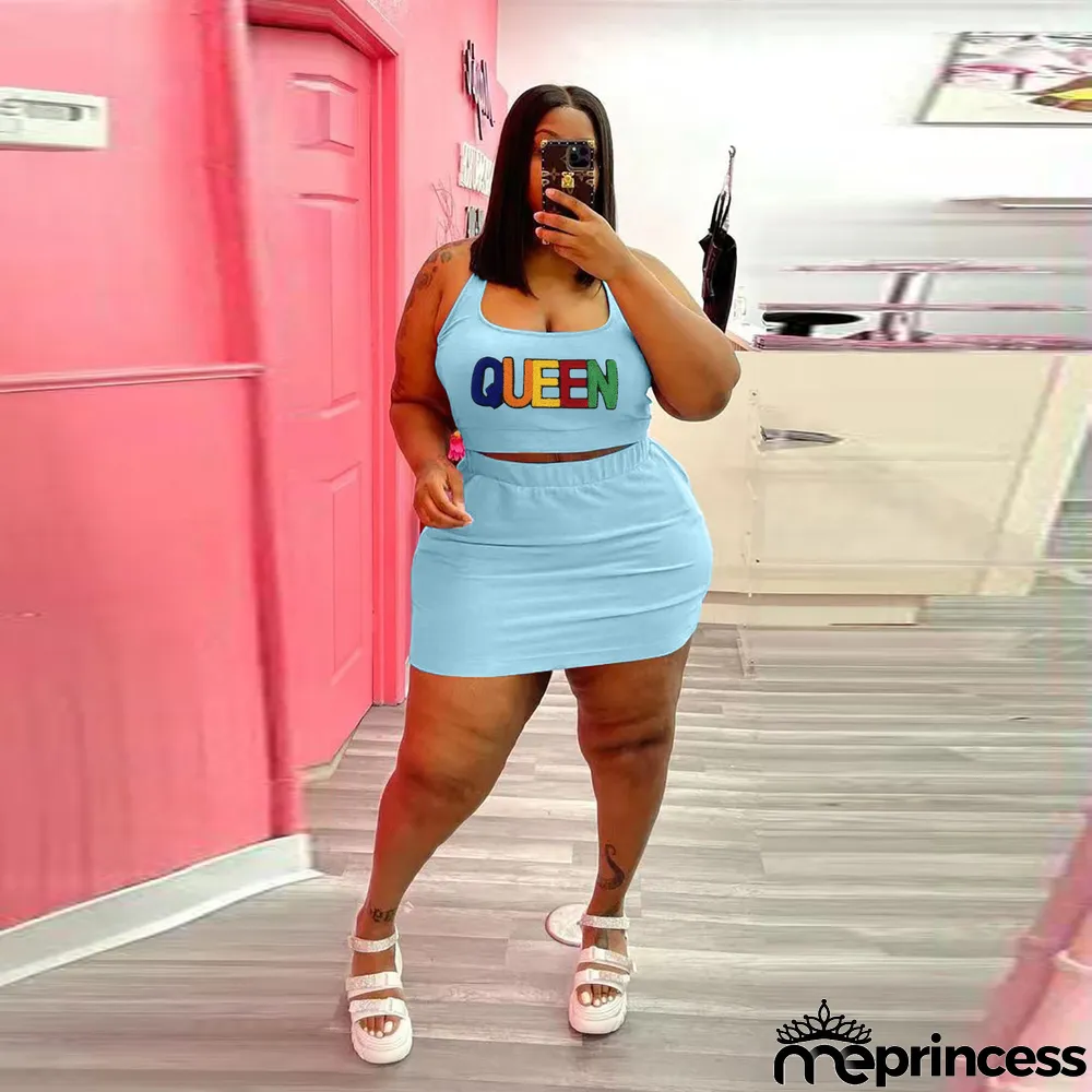 Plus Size Letter Print Tank Top Mini Skirt 2 Piece Sets