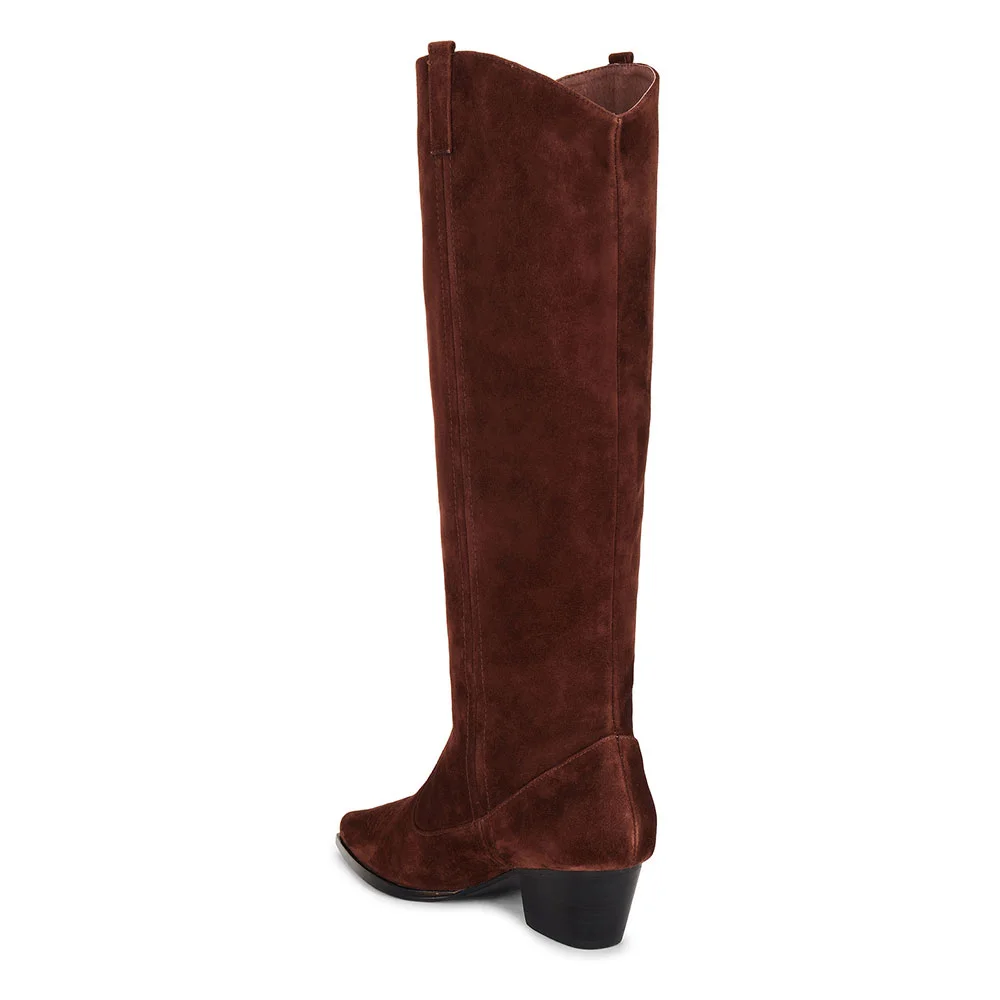 Dark Brown Vegan Suede Pointed Toe Chunky Heel Knee High Cowgirl Boots