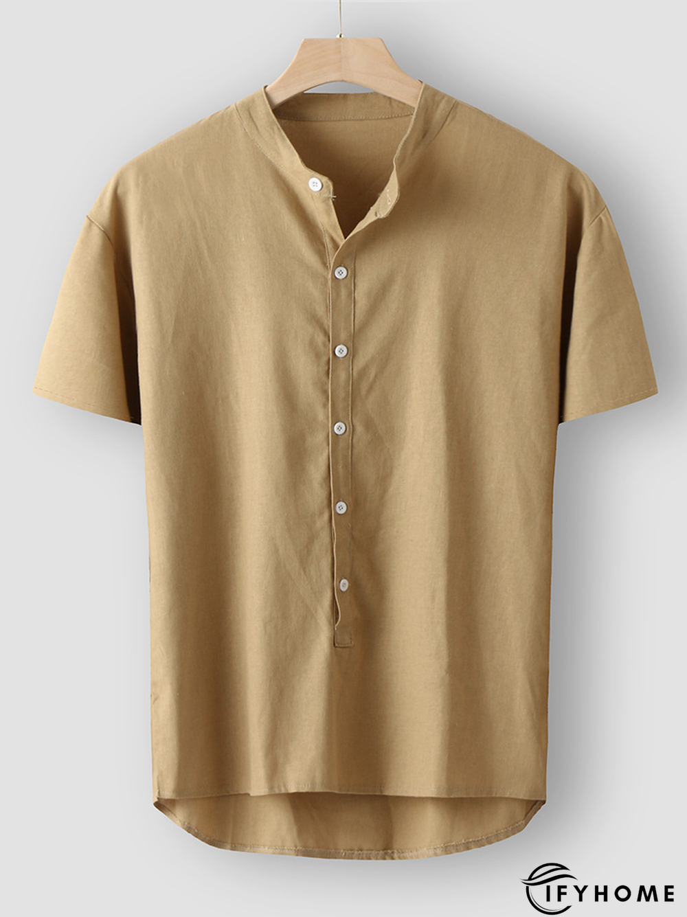 Men's Cotton Linen Style Half Placket Stand Collar Short Sleeve Shirt | IFYHOME