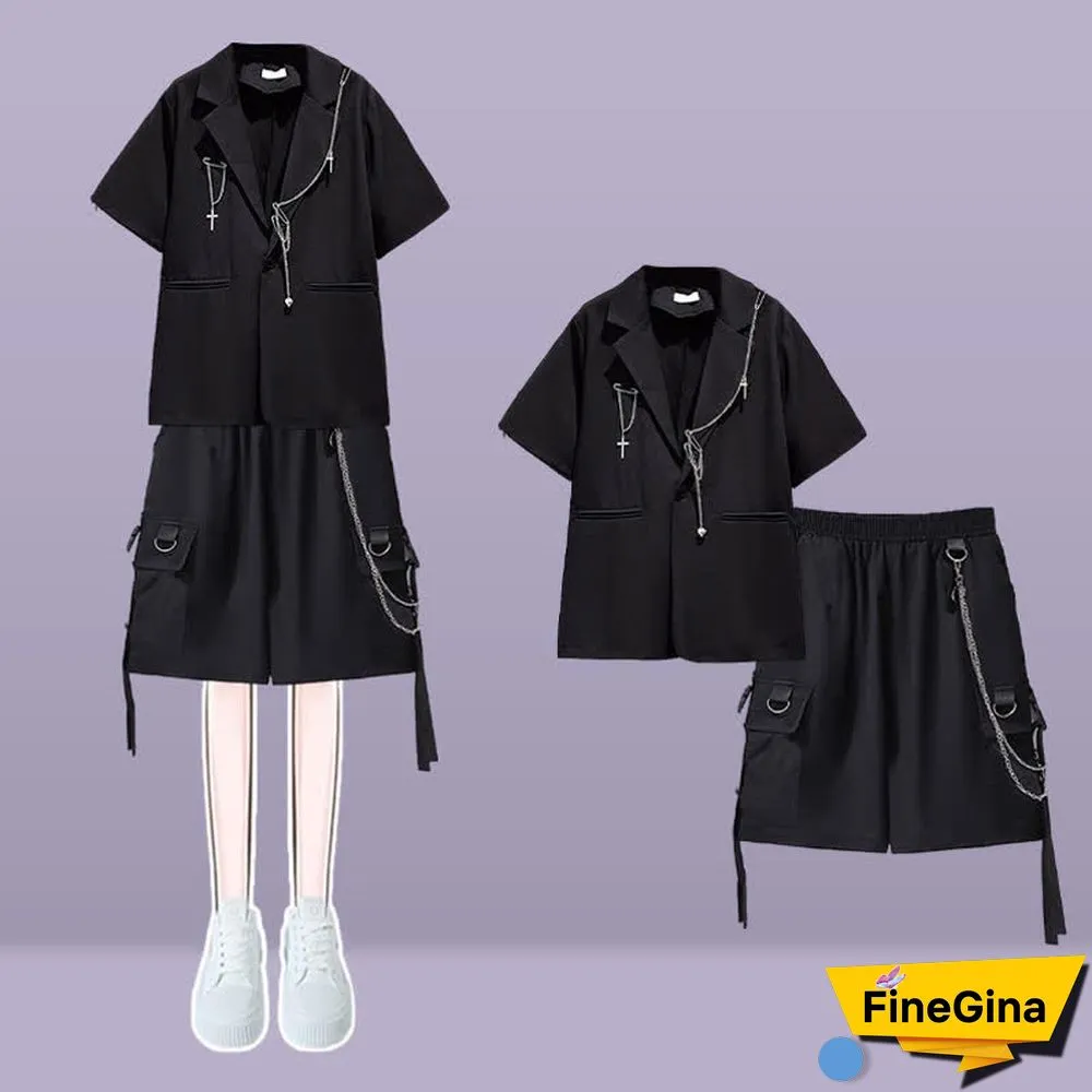 Gothic Pure Color Lapel Blazer Wide Leg Chain Cargo Shorts