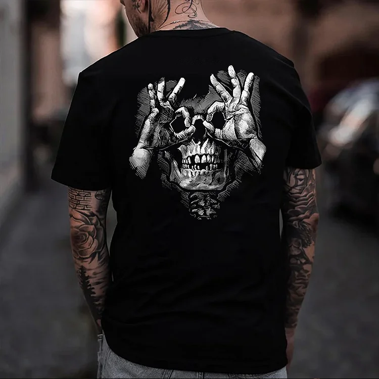 Skull with OK Pattern Graphic Casual Black Print Men T-shirt