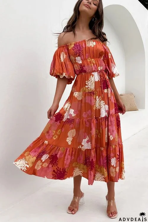 Floral Off Shoulder Shirring Maxi Dress