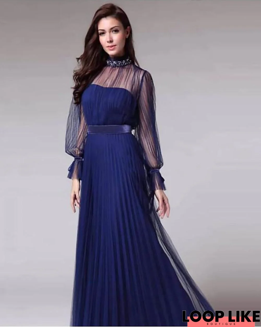 Women's Chiffon Dress Maxi Long Dress - Long Sleeve Solid Color Ruffle Fall Winter Turtleneck Elegant Party Chiffon Mesh Royal Blue