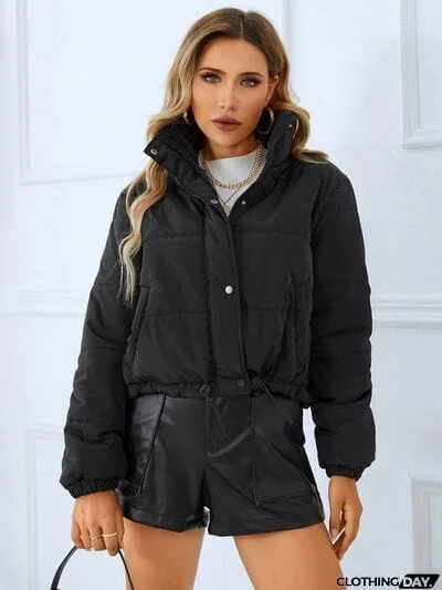 Snap and Zip Closure Drawstring Cropped Winter Coat