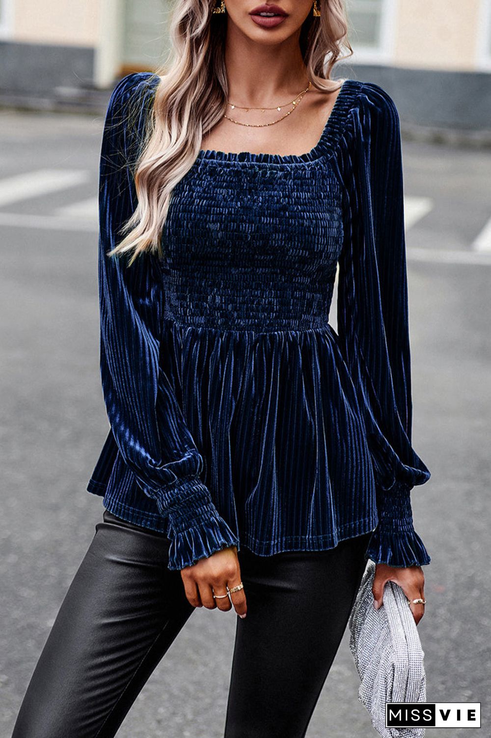 Elegant Solid Fold Square Collar Tops(4 Colors)