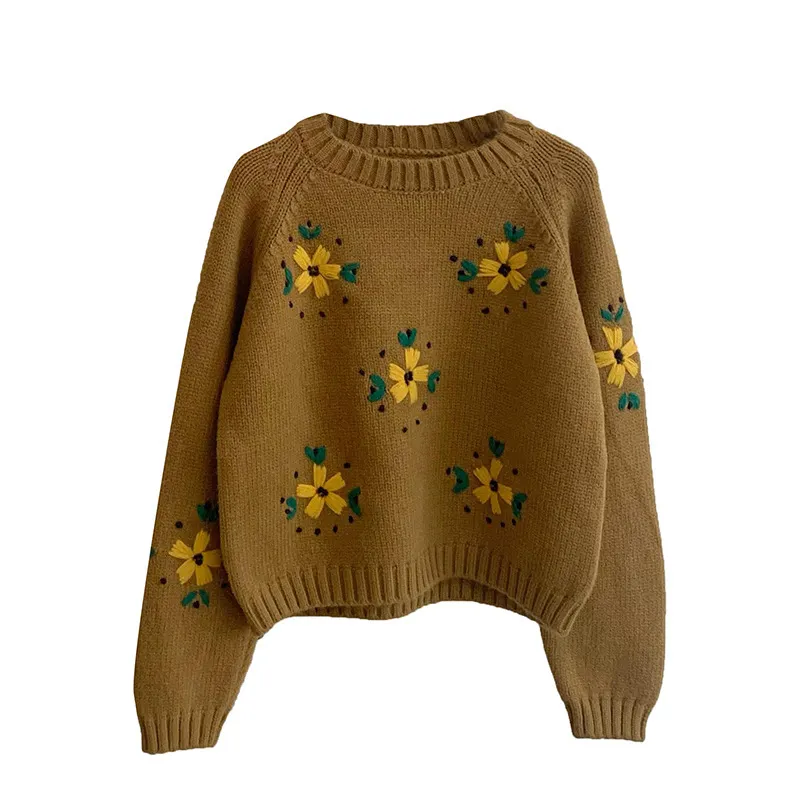 Churchf Churchf Autumn And Winter New Hook Flower Stereo Embroidery Art Retro Pullover Sweater Loose Show Thin Short Sweater Woman