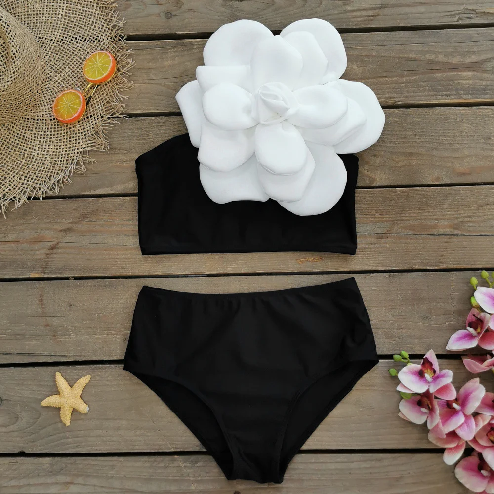 Churchf One-Shoulder Three-Dimensional Flower High-Waisted Solid Color Split Swimsuit Woman 2025 New Bikini