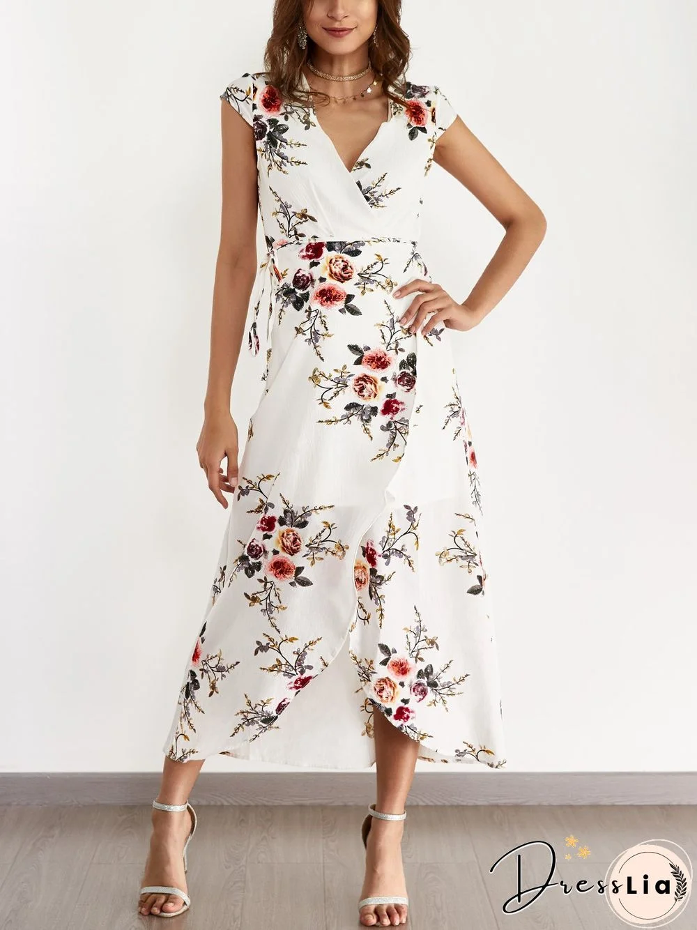 White V-Neck Random Floral Print Self-Tie Dress