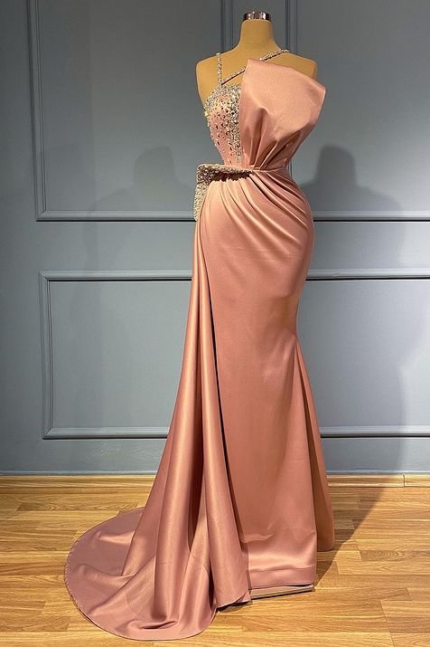 Pink Sleeveless Spaghetti-Straps Ruffles Mermaid Prom Dress With Beads ED0081