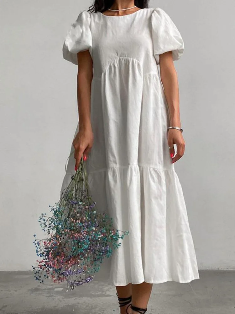 Pongl Dresses for Women Summer New 2023 Temperament Solid Color Casual Long Dress O-Neck Short Sleeve Loose Beach White Dress