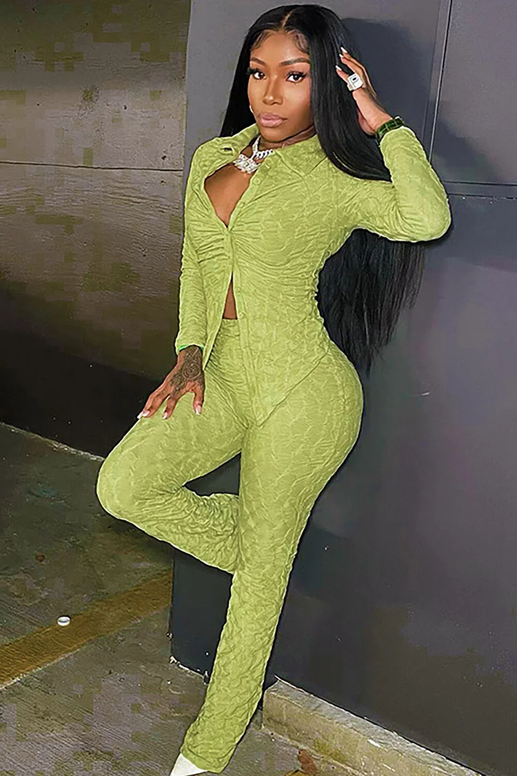 Solid Color Textured Button Up Blouse High Waist Pants Casual 2pcs Set-Green