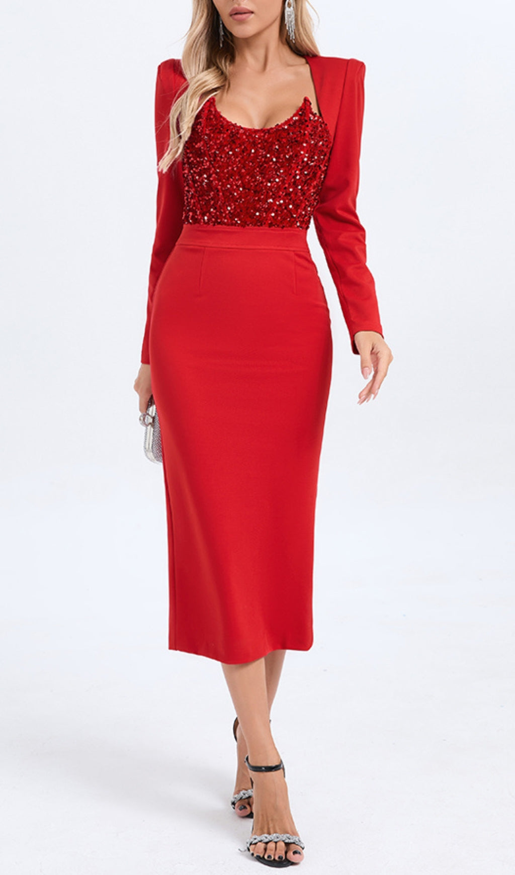 Britta Red Long Sleeve Sequin Midi Dress Flowering Girl