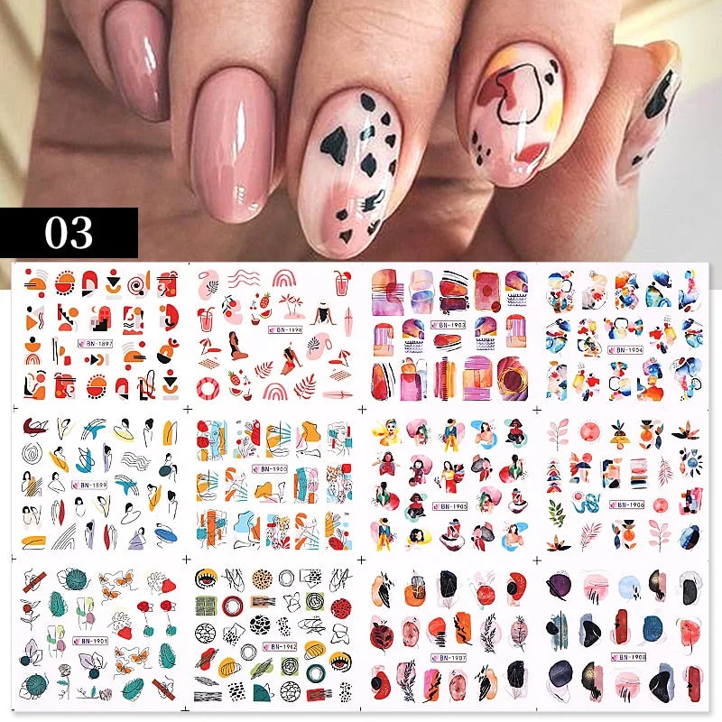 12 Designs Nail Stickers Set Mixed Floral Geometric Nail Art Water Transfer Decals Sliders Flower Leaves Manicures Decoration-Nail Inspo