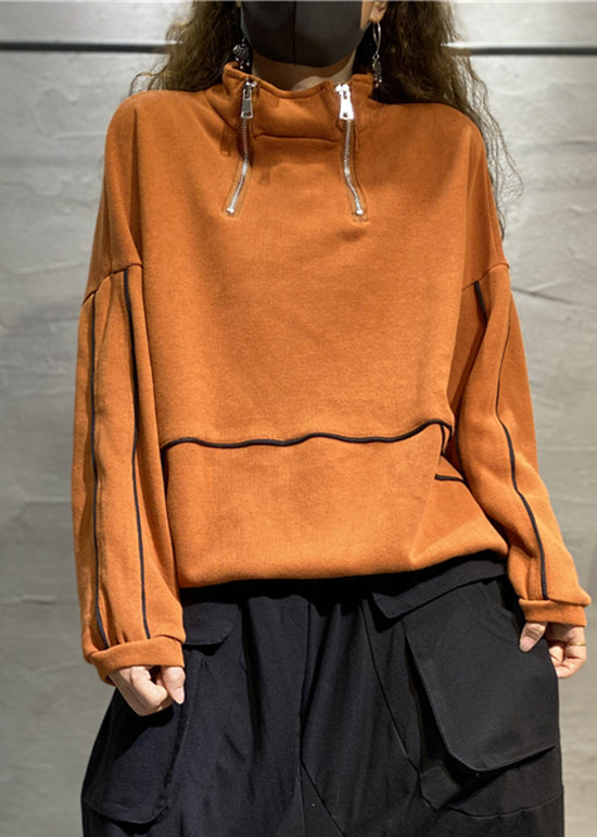 VCSHOES Orange Stand Collar Zip Up Patchwork Sweatshirts Top Spring