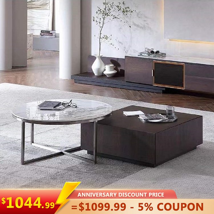 Homemys Modern Luxury Nesting Solid Wood Marble Coffee Table Set With Drawers