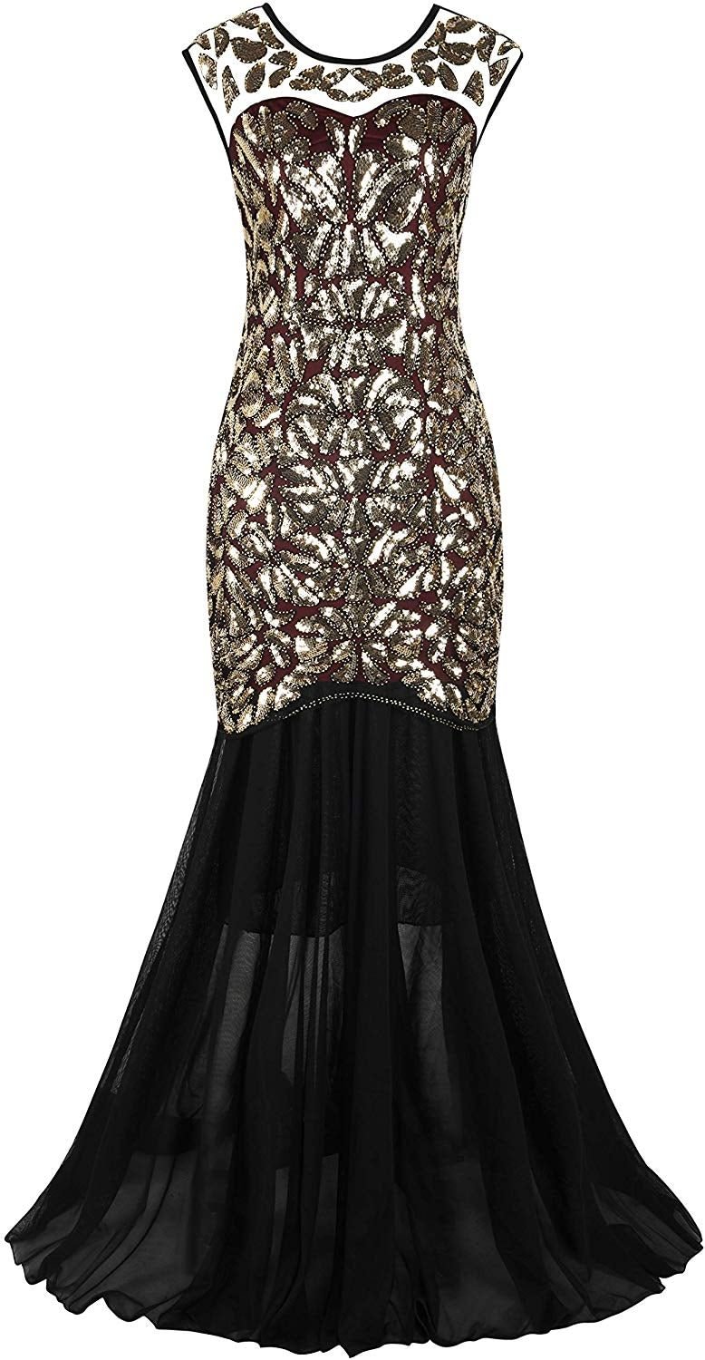 Women 's 1920s Black Sequin Gatsby Maxi Long Evening Prom Dress