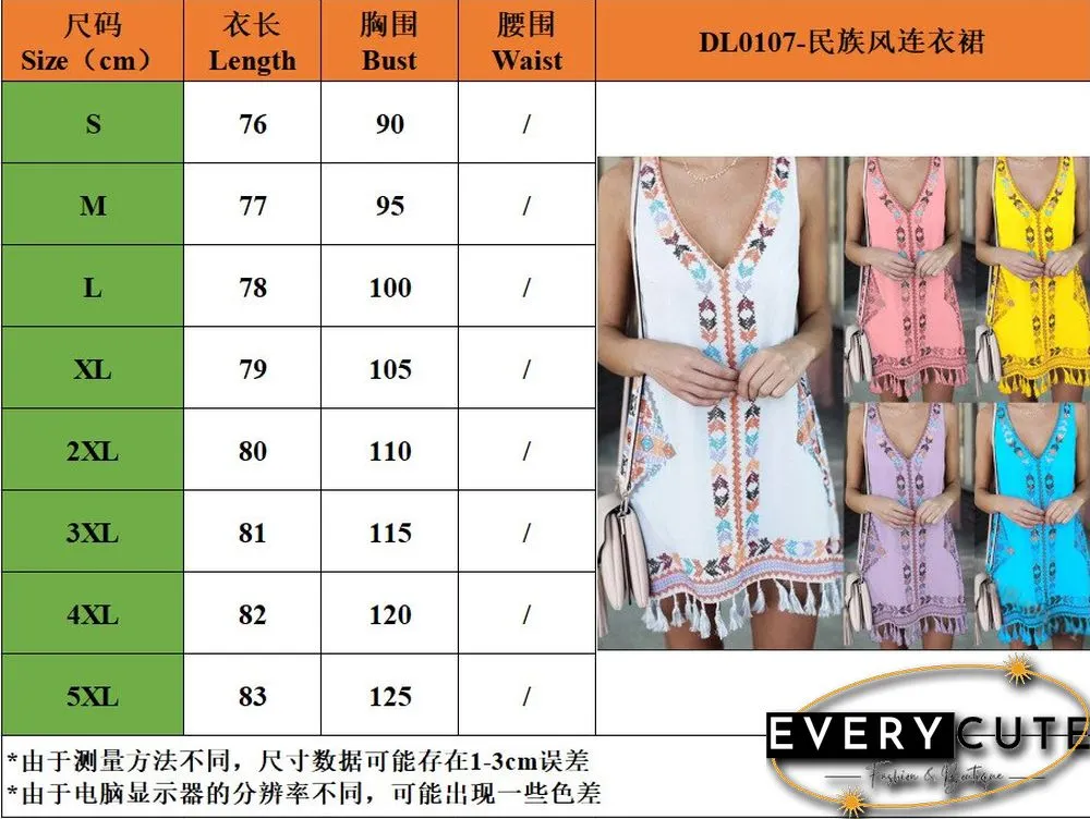 Summer Loose A-line Version Hem Fringed Ethnic Style Print Dress Women Boho Sleeveless
