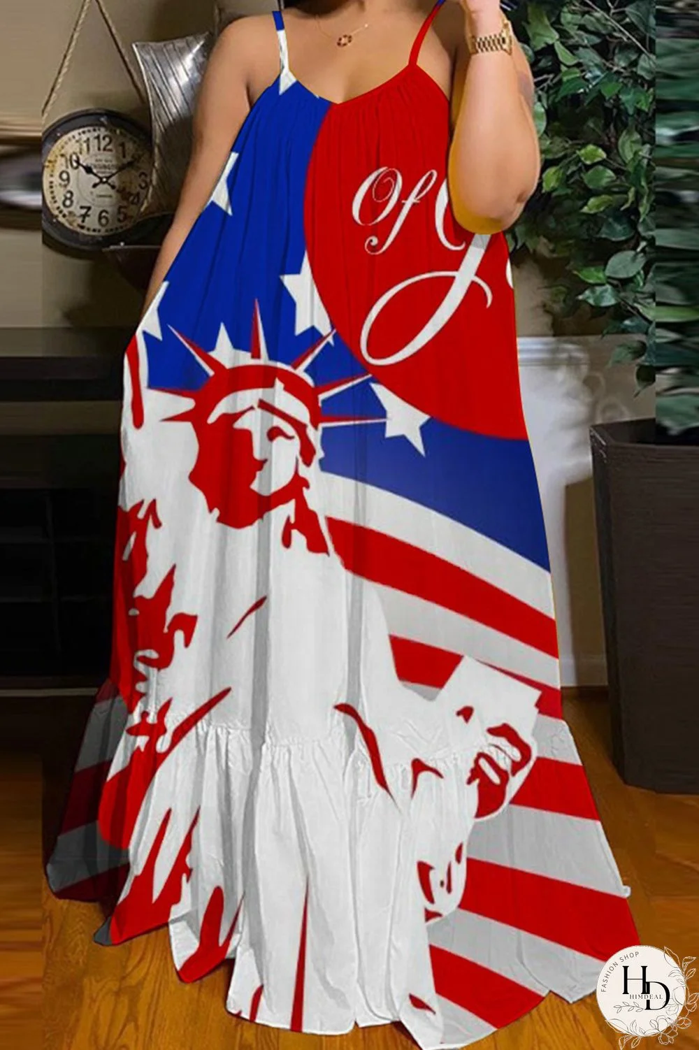 Blue White Fashion Casual Print Backless Spaghetti Strap Long Dress