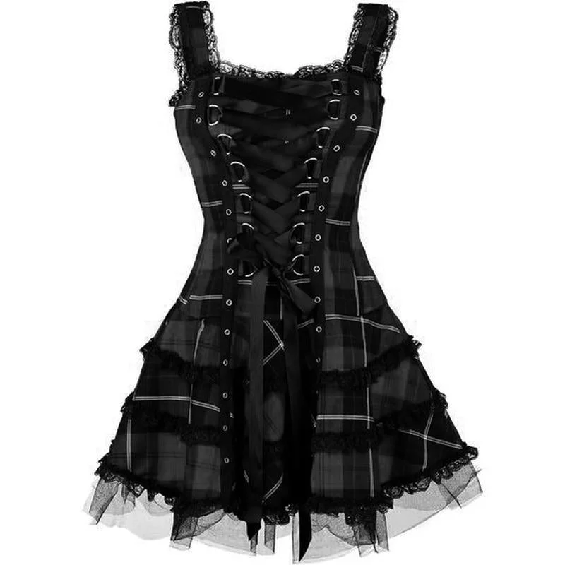 Plaid Dress Gothic Spaghetti Strap Lace Up Mini Halloween Costume