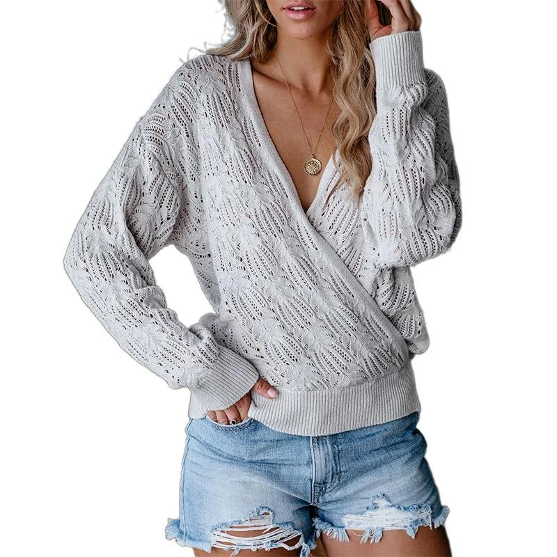 Knitted Solid Color Long Sleeve Hollow Top | EGEMISS