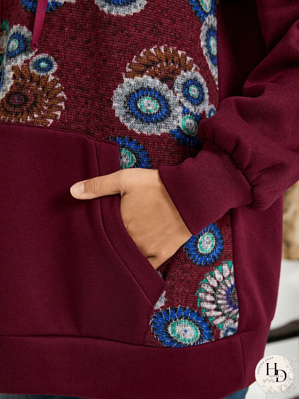 Flower Stitch Pocket Drawstring Long Sleeve Pullover Hoodie