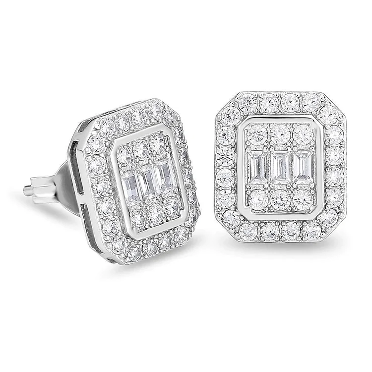 Iced Out Square Baguette Cubic Zircon Men's Earrings Bling Hip Hop Jewelry-VESSFUL