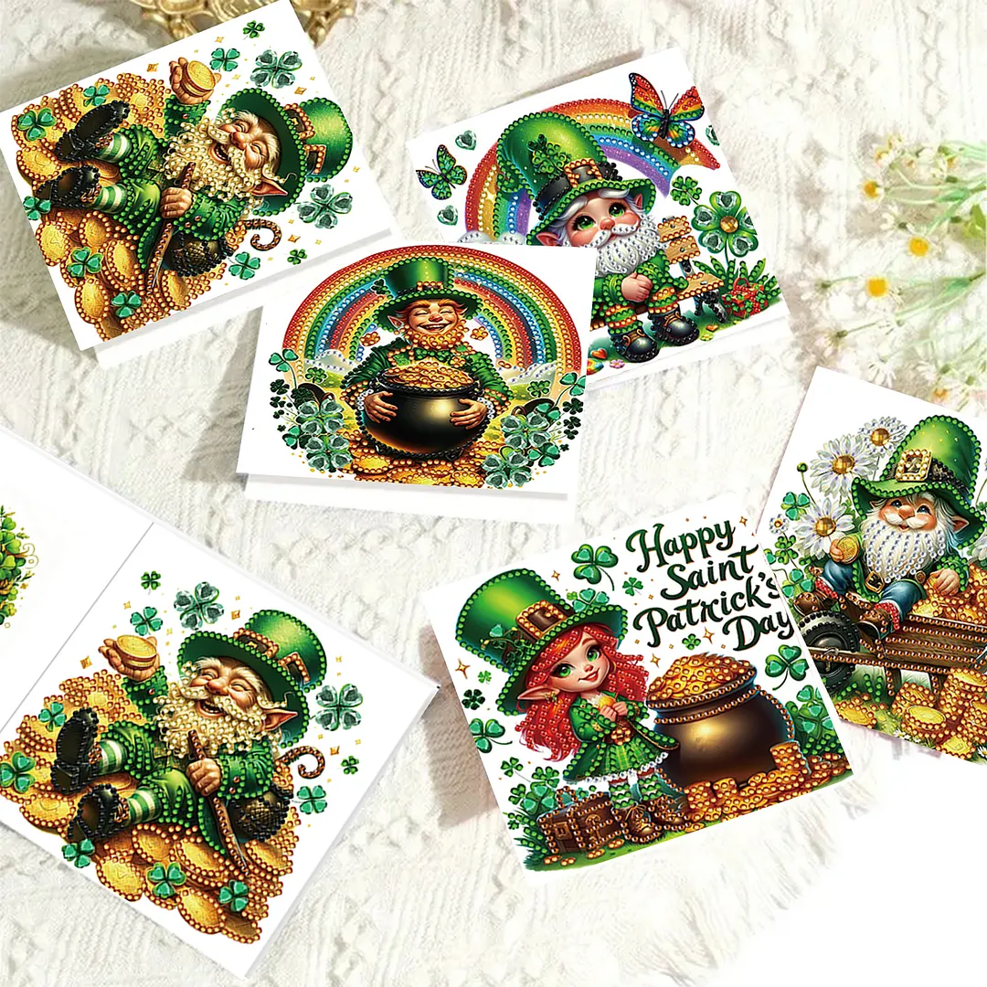6Pcs St.Patrick Day Elves DIY Diamond Painting Greeting Card Set with Envelopes Diamond Art Handmade Cards for Beginner Adult Holiday Gifts