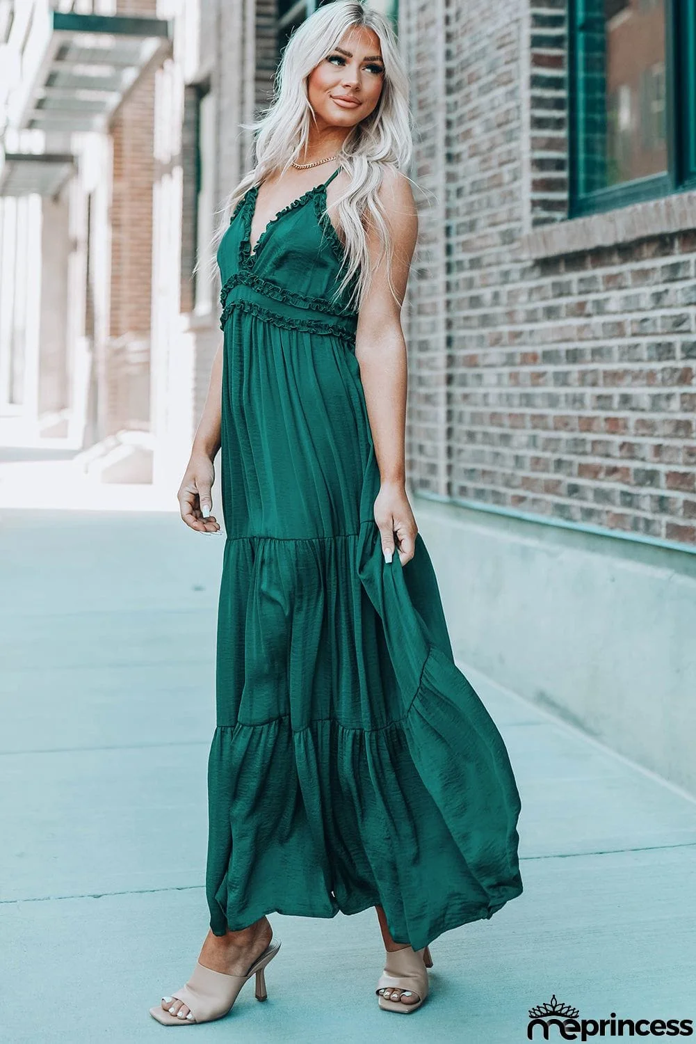 Cross Back Frilled Sleeveless Tiered Maxi Dress