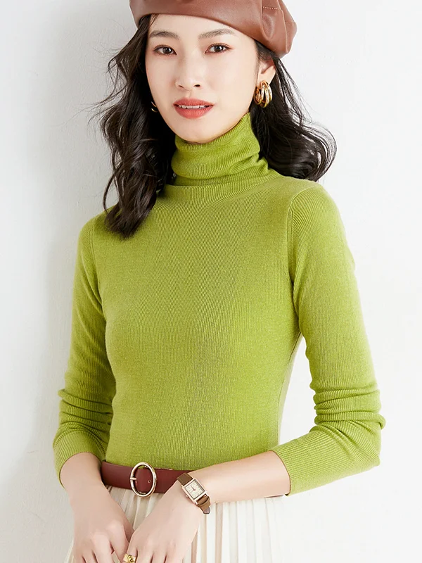 Simple Skinny Long Sleeves Solid Color High-Neck Sweater Tops Pullovers