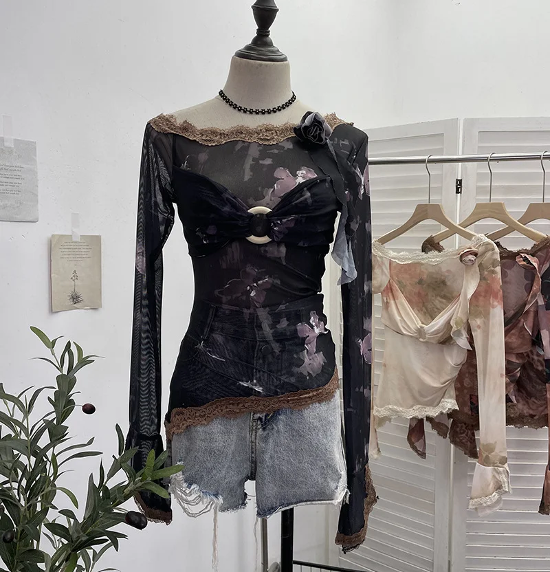 Churchf Real Shooting Lace Splicing Oblique Shoulder Thin Tie-Dye Mesh T-Shirt Girl T-Shirt T-Shirt Shawl T-Shirt 9986