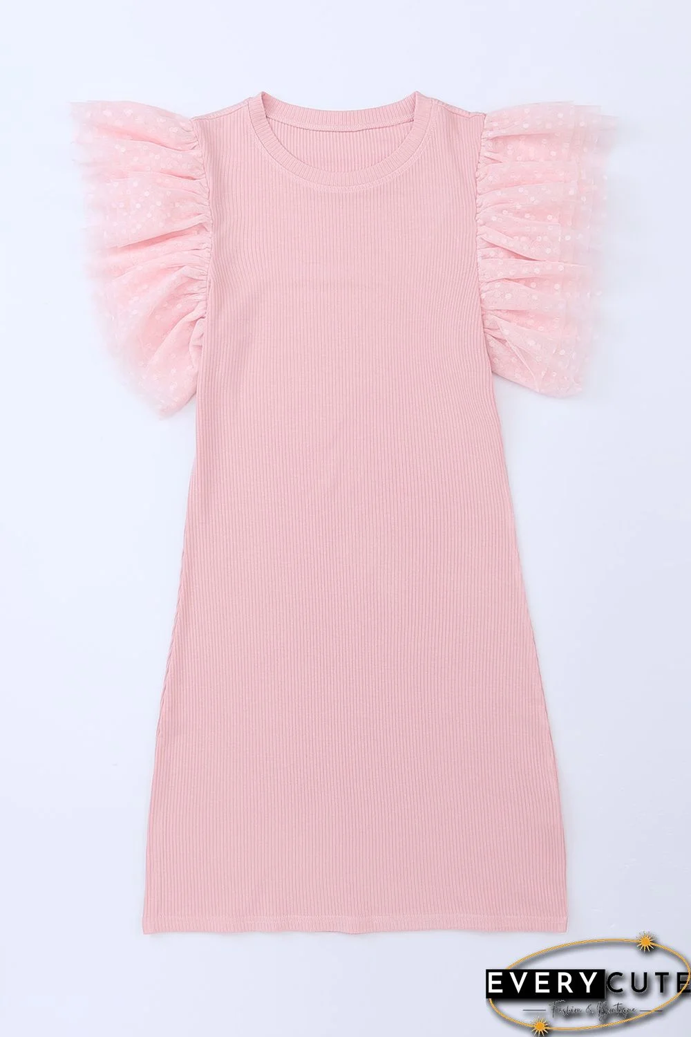 Pink Ruffle Tulle Sleeve Ribbed Knit Bodycon Dress