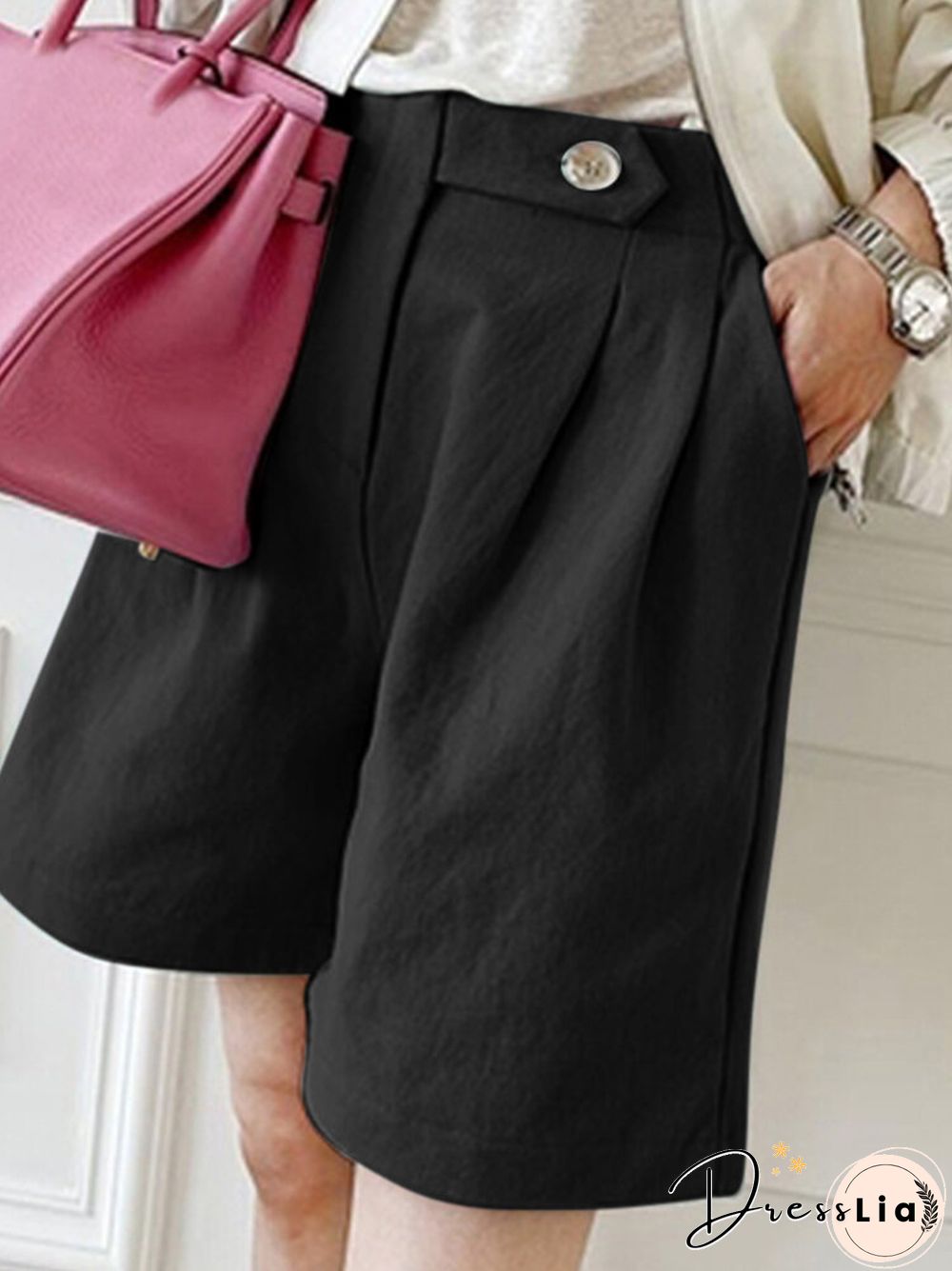 Women Solid Pocket Casual Wide Leg Loose Shorts