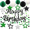 Birthday Decorations, NO DIY, Pre-Strung Happy Birthday Banner with Honeycomb Ball, Hanging Swirl, Circle Dots Garland, Happy Birthday Party Decorations for Women Men Boys Girls (Green & Black)