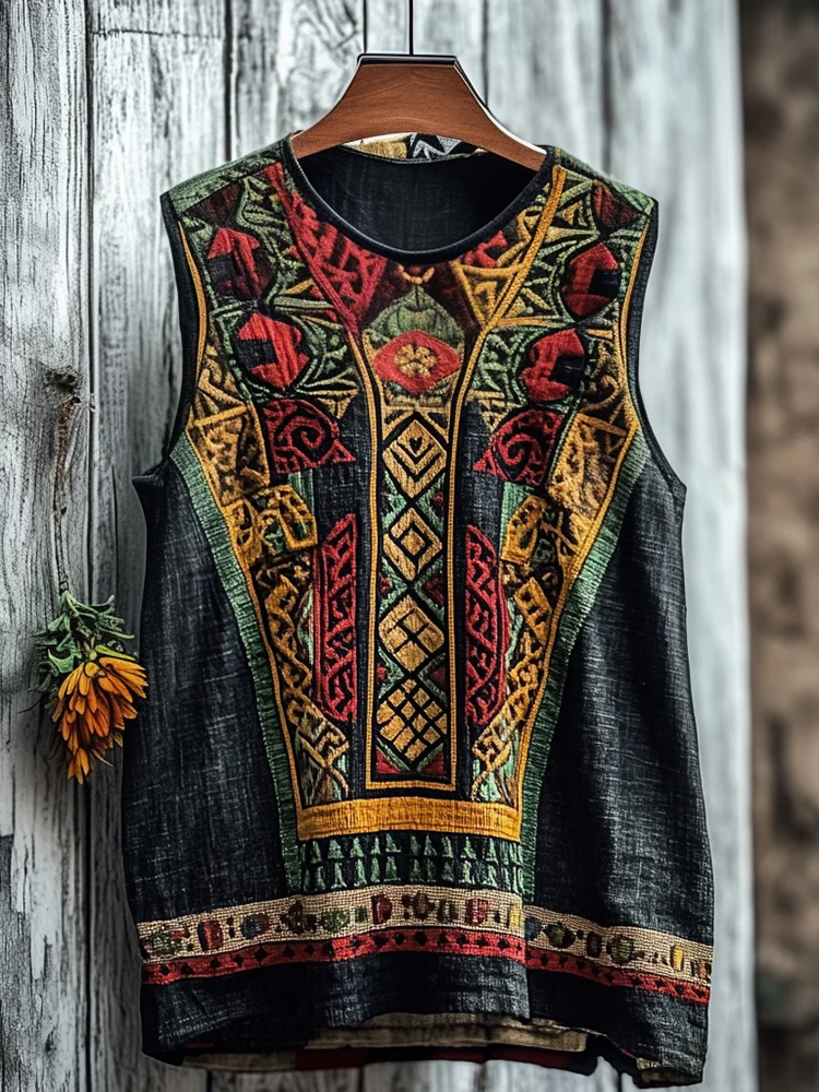 Men's African Ethnic Geometric Juneteenth Art Linen Vest
